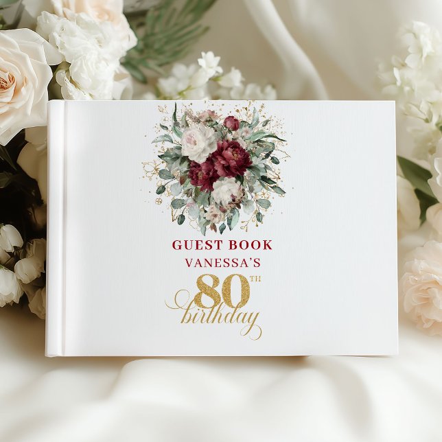 Designer Bourgogne Blommig Gästbok för 80-årsfiran (Designer Burgundy Floral 80th Birthday Guest Book)
