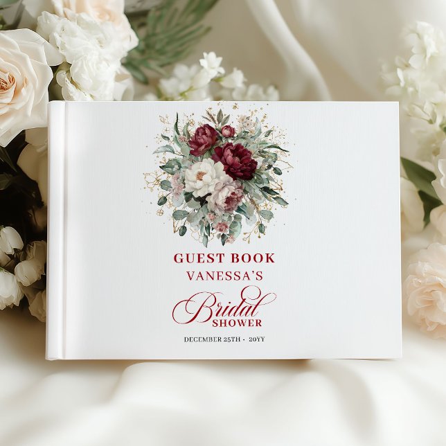 Designer Bourgogne Blommig Guld Bröllopsfest Gäst Gästböcker (Designer Burgundy Floral Gold Bridal Shower Guest Book)