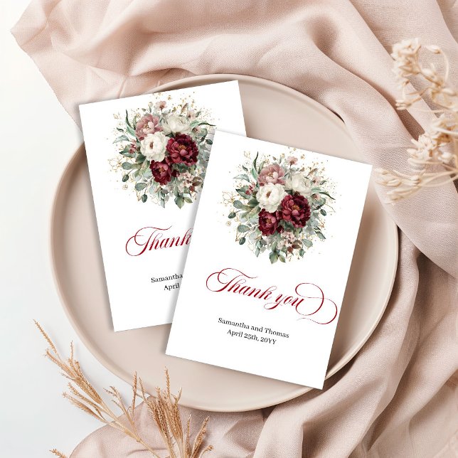 Designer Bourgogne Grönska Blommig Guld Tack Kort (Designer Burgundy Greenery Floral Gold Thank You Card)