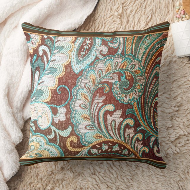 Designer Brocade i Brown, Teal och Guld  Kudde (Filt)
