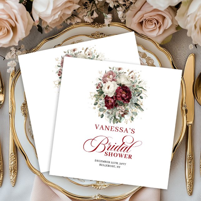 Designer Burgundy Blommig Guld Bröllopsdusch Serve Pappersservett (Designer Burgundy Floral Gold Bridal Shower Napkins)
