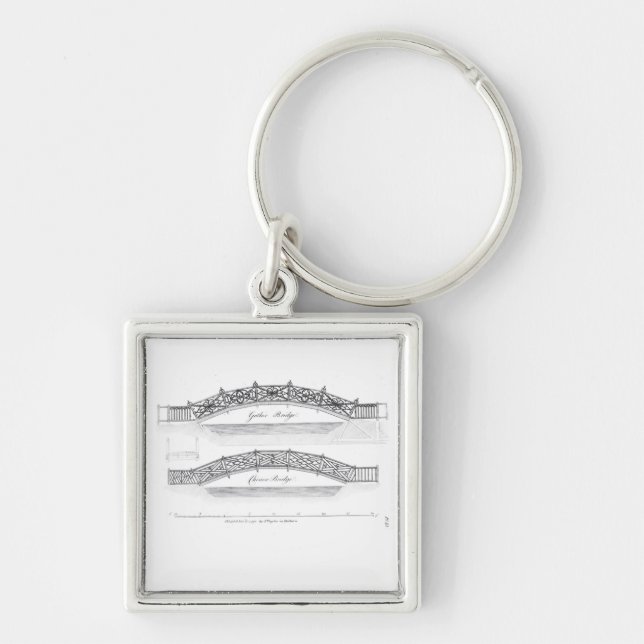Designer för trädgård överbryggar, publicerat 1773 fyrkantig silverfärgad nyckelring (Framsidan)
