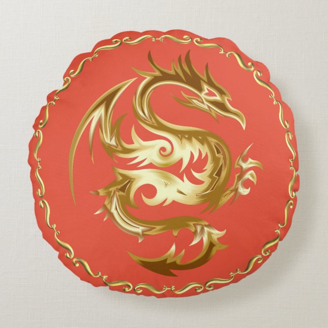 Designer Golden Dragon ClipArt Round Pillow Rund Kudde (Framsidan)