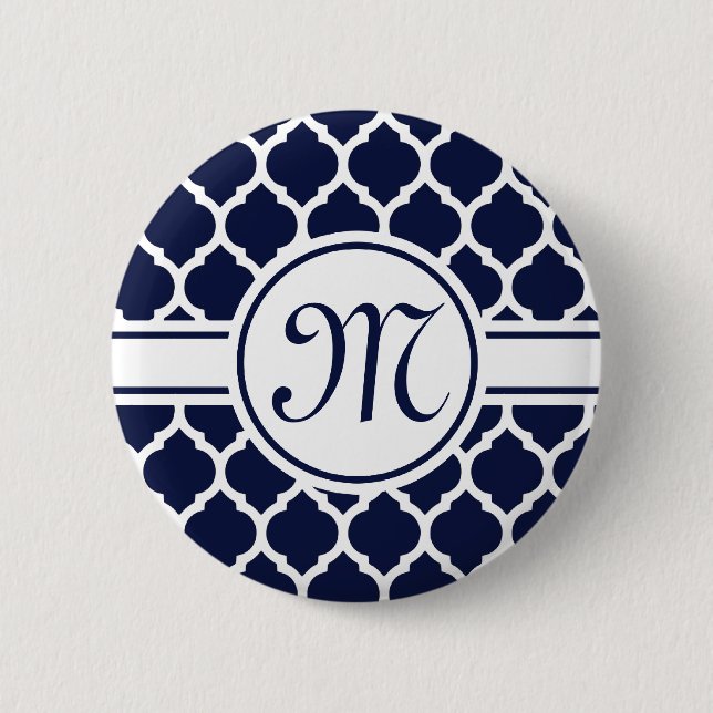 Designer Navy Monogrammed Moroccan Lattice Mönster Knapp (Framsida)