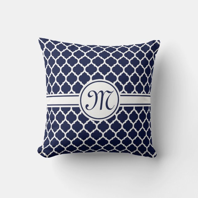 Designer Navy Monogrammed Moroccan Lattice Mönster Kudde (Framsida)