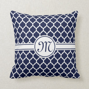 Designer Navy Monogrammed Moroccan Lattice Mönster Kudde