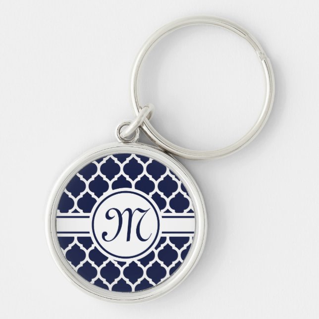 Designer Navy Monogrammed Moroccan Lattice Mönster Rund Silverfärgad Nyckelring (Framsidan)