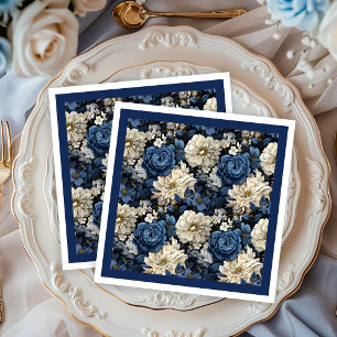 Designer Navyblå Elfenbensvita Blommiga Eleganta P Pappersservett
