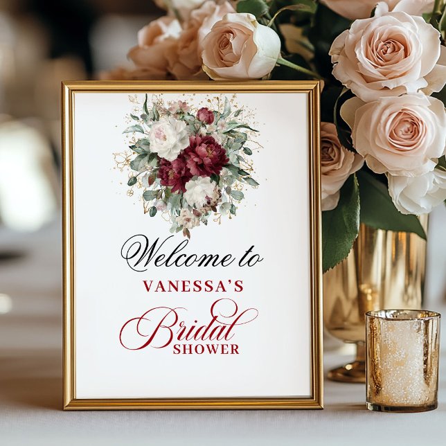 Designer Röda Bröllopsfest Välkomstskylt Poster (Designer Blush Burgundy Bridal Shower Welcome Sign)