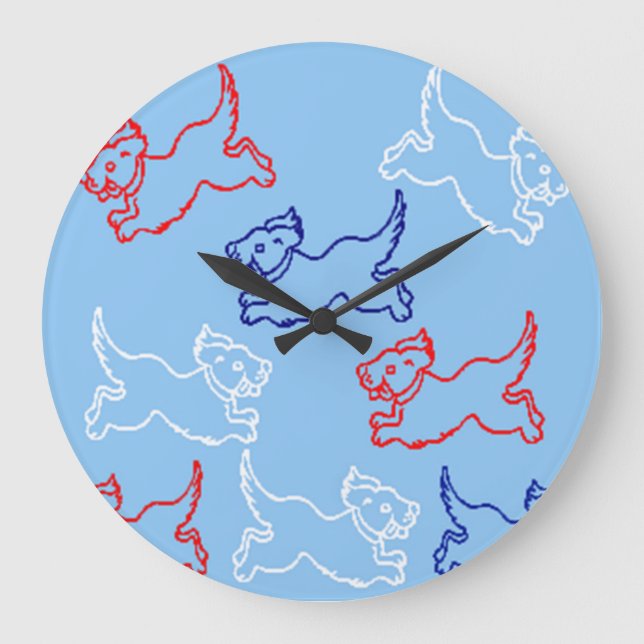 designerklockor - Hund design - Rött vitt och blåt Stor Klocka (Framsida)