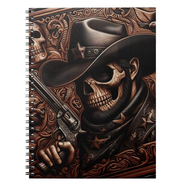 Desperado Död: Gun-Wielding Skull i Cowboy Hat Anteckningsbok (Framsidan)