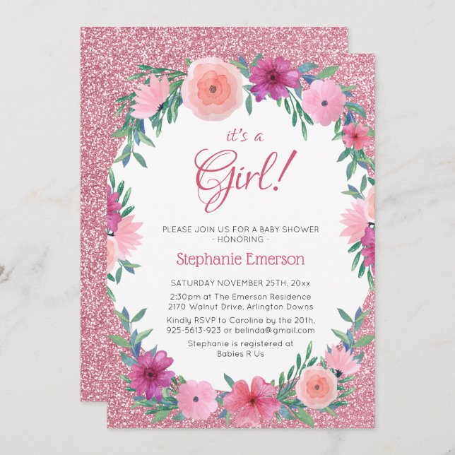 Dess Blommigt Ro Guld Glitter babyskor Inbjudningar (Fram/baksida)