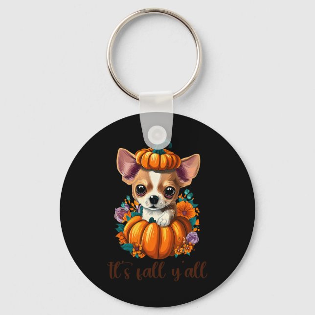 Dess Fall Y'all Cute Blommigt Pumpkin Chihuahua Ha Nyckelring (Framsida)