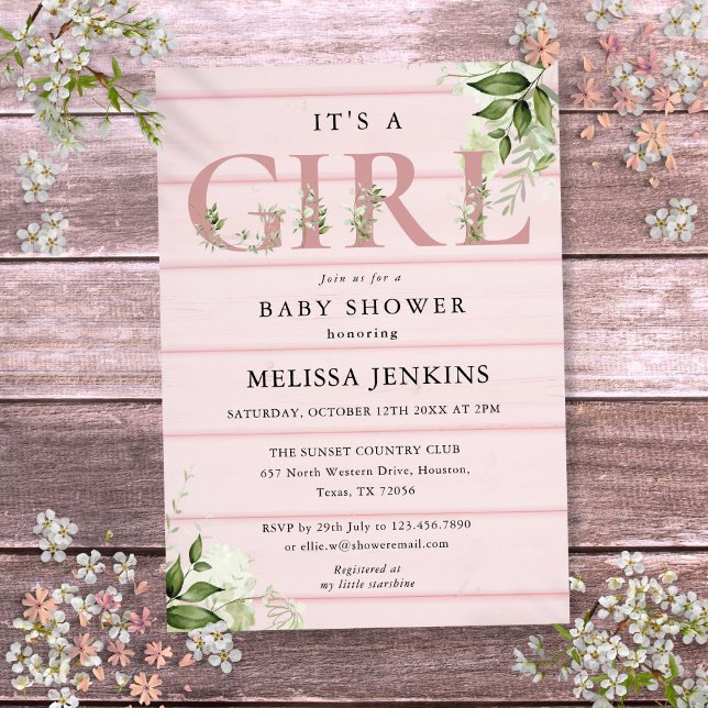 Dess Rosa Rustic Wood Baby Shower Inbjudningar (Its A Girl Greenery Pink Rustic Wood Baby Shower Invitation)