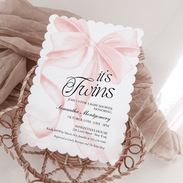 Dess tvillingar Rosa Coquette Bow Baby Inbjudan (Skapare uppladdad)