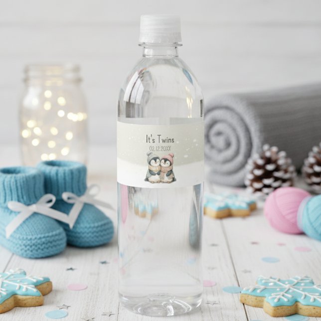 Dess tvillingar Vinter pingvin Baby Shower tema  Vattenflaska Etikett (Skapare uppladdad)