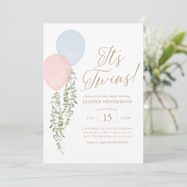 Dess Twillingar Rosa Blue Balloon Eucalyptus Baby  Inbjudningar (Stående Fram)