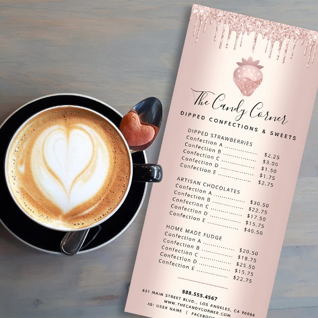 Dessert-meny för jordgubbsbergen i ro Guld Glitter Reklamkort (Skapare uppladdad)