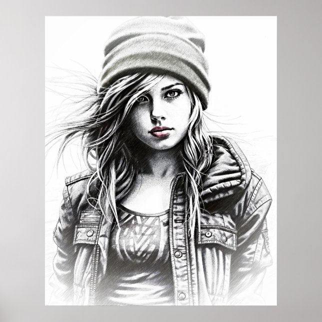 Dessin d'une jeune femme grunge poster (Framsidan)