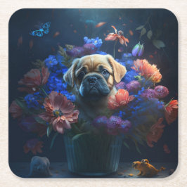 Dessous de verre chien fleur underlägg papper kvadrat