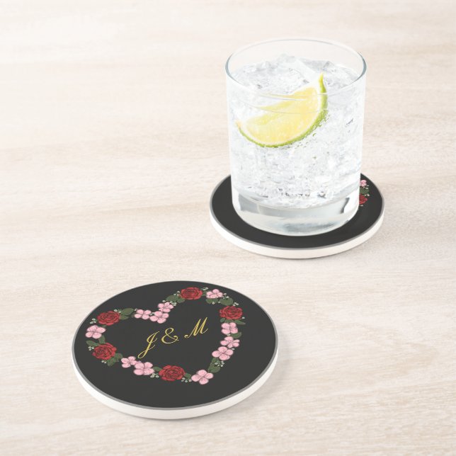Dessous de verre en grès noir avec un cœur rose underlägg (Sidan)