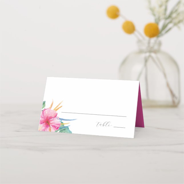 Destin Bröllop Place Cards Tropical Rosa Flowers Placeringskort (Framsida)