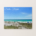 Destin Florida Kusten Beach Umbrellas Söt Anpassni Pussel<br><div class="desc">Det vackra strandpusslet i Destin Florida har Sandestin längs kusten vid Sandestins söt blå grönt vatten. Söt teal och blå paraplylinje sommarkusten framför havsgräset. Ett vackert,  vitt kursivt skript för min favoritstad vid havet längs med emerald kusten.</div>