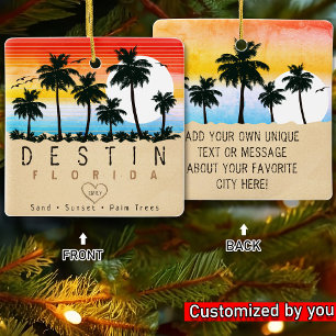 Destin Florida Retro Sunset Handflatan träd 60 s Julgransprydnad Keramik