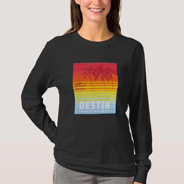 Destin Florida Retro Sunset Handflatan Träd T Shirt (Framsida)