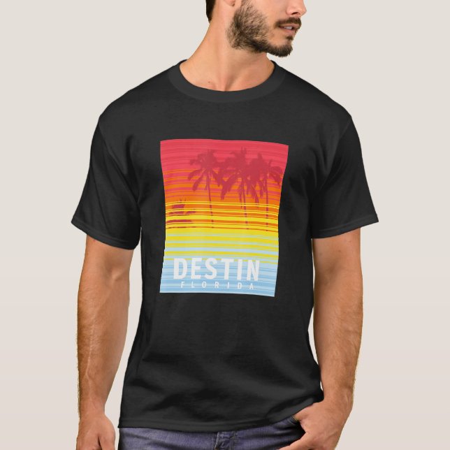 Destin Florida Retro Sunset Handflatan Träd T Shirt (Framsida)