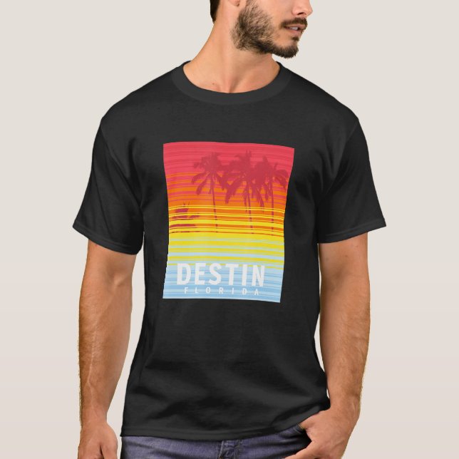 Destin Florida Retro Sunset Handflatan Träd T Shirt (Framsida)