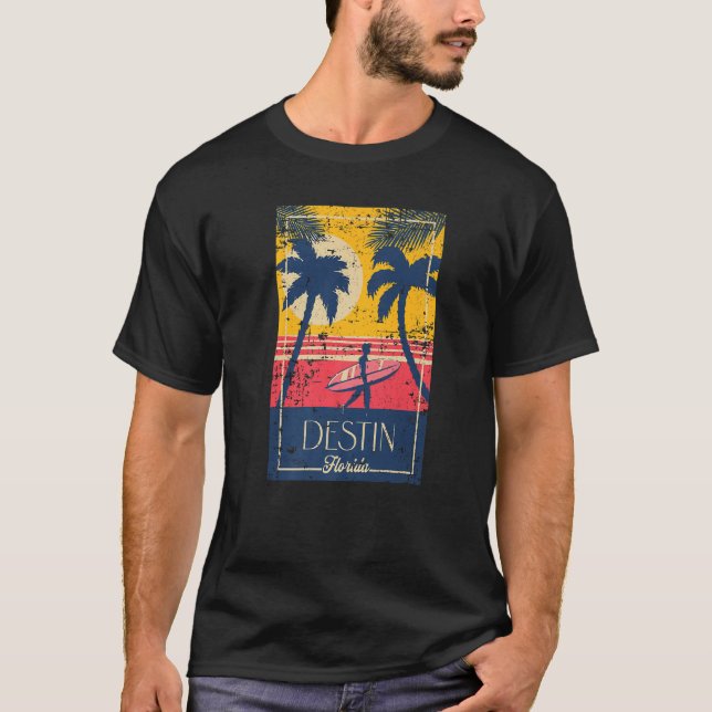Destin Florida Retro Surfer Beach Sunset Distresse T Shirt (Framsida)