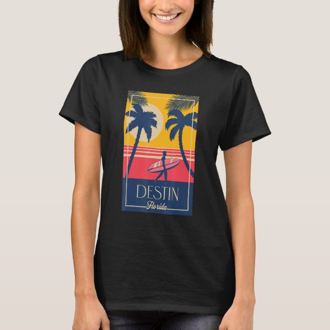 Destin Florida Retro Surfer Beach Sunset Palm Tree T Shirt (Framsida)
