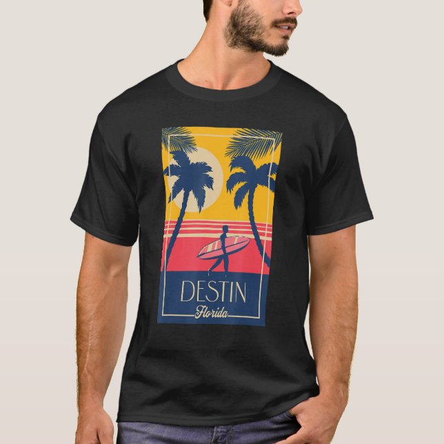 Destin Florida Retro Surfer Beach Sunset Palm Tree T Shirt (Framsida)