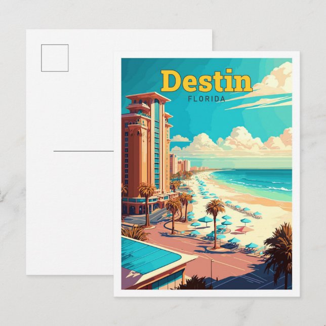 Destin Florida Travel Vintage Illustration Vykort (Fram/baksida)