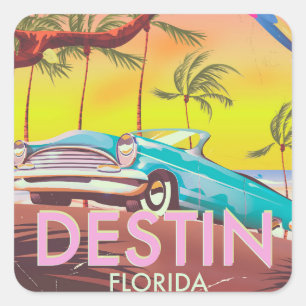 Destin Florida USA vintage reseaffisch. Fyrkantigt Klistermärke