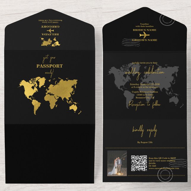 Destination Bröllop Världspass Svart Guld (Destination Wedding World Passport Black Gold All In One Invitation)