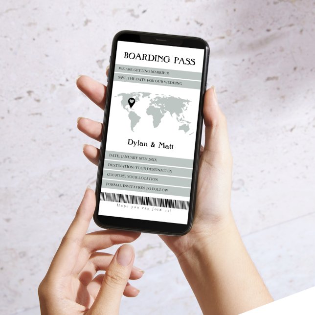 Destination Bröllop Visdomsflygkort Spara Datumet (electronic boarding pass save the date destination wedding sage world map)