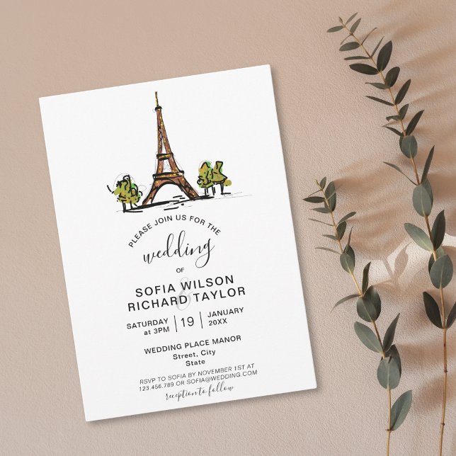 Destination Hand plockade Bröllop Paris Eiffel Tor Inbjudningar (paris Eiffel tower hand drawn doodle wedding invitation )