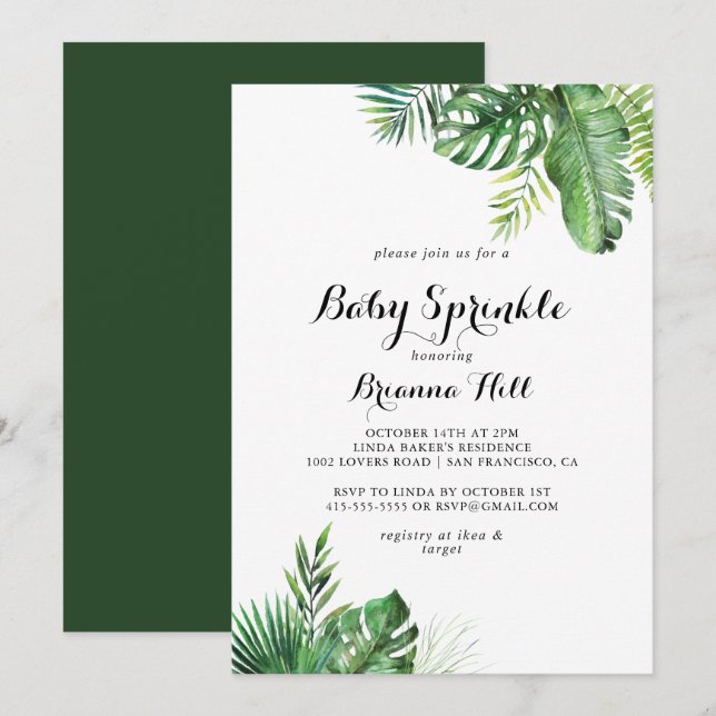 Destination Tropical Greenery Baby Sprinkle Inbjudningar (Fram/baksida)