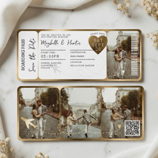 Destination Wedding Boarding Pass Gold Ticket QR Inbjudningar