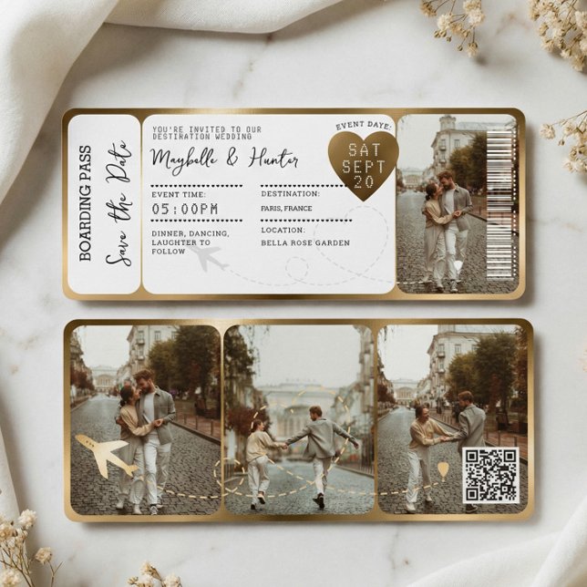 Destination Wedding Boarding Pass Gold Ticket QR Inbjudningar (Destination Wedding Boarding Pass Gold Ticket QR Invitation)