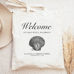 Destination Wedding Welcome Scallop Seashell Tygkasse<br><div class="desc">Det här bröllopets hotellet eller favoritsäcken har en vintage som illustrerar ett årstidsskal under ord "Välkommen" i elegantens skript. Anpassa den med din plats i bröllop,  namn på bruden och brudgummen och datumet i bröllop.</div>