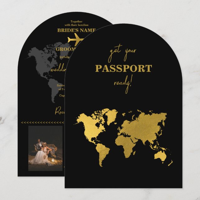 Destination Wedding World Passport Black Gold Inbjudningar (Fram/baksida)