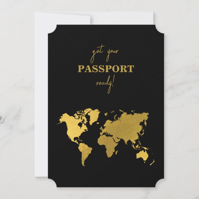 Destination Wedding World Passport Black Gold Inbjudningar (Framsida)