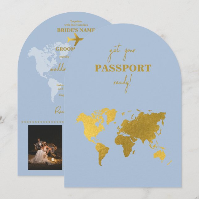 Destination Wedding World Passport Damblå Guld Inbjudningar (Fram/baksida)