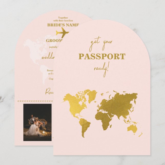 Destination Wedding World Passport Rosa Guld Inbjudningar (Fram/baksida)