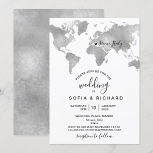 Destination World MAP SILVER Löst Hjarta Inbjudningar
