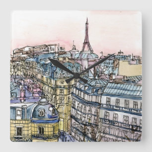 Destinationer Vattenfärg Eiffel Torn & Paris Fyrkantig Klocka