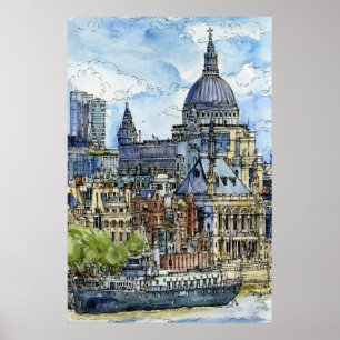 Destinationer Vattenfärgsfloden Thames vattenfro Poster